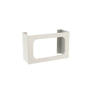 A white, rectangular metal bracket with cut-out sides is designed to mount objects like the Metro FL236 Single Glove Box Holder for Flexline, Lifeline, and Starsys Carts. This minimalist bracket has smooth edges and a glossy finish, ideal for seamless integration with these systems.