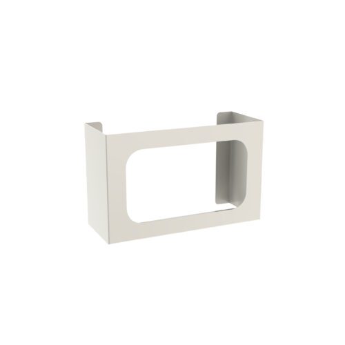 A white, rectangular metal bracket with cut-out sides is designed to mount objects like the Metro FL236 Single Glove Box Holder for Flexline, Lifeline, and Starsys Carts. This minimalist bracket has smooth edges and a glossy finish, ideal for seamless integration with these systems.