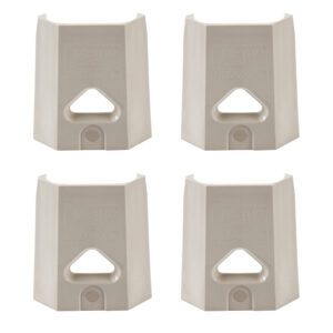 The Metro MX9985 MetroMax i Industrial Plastic Shelving Wedges come in a bag of 4, featuring triangular cutouts and embossed logos, arranged in a two-by-two grid on a plain white background.