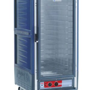 The Metro C537-HLFC-4-BU C5 3 Series is a blue 3/4 height insulated holding cabinet with a full-length clear door and fixed wire slides. It operates at 120V, 60Hz, and features a control panel with knobs and four wheels for mobility.