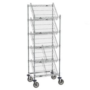 The Metro DC16EC Super Erecta Slanted Shelf Rack includes five 18 x 24 angled basket shelves on wheels, ideal for organizing. Its silver metal frame offers durability, and the lockable caster wheels provide effortless mobility and secure positioning.