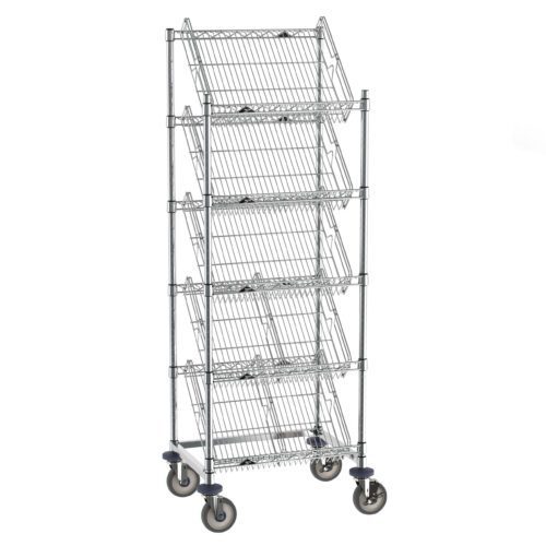 The Metro DC16EC Super Erecta Slanted Shelf Rack includes five 18 x 24 angled basket shelves on wheels, ideal for organizing. Its silver metal frame offers durability, and the lockable caster wheels provide effortless mobility and secure positioning.