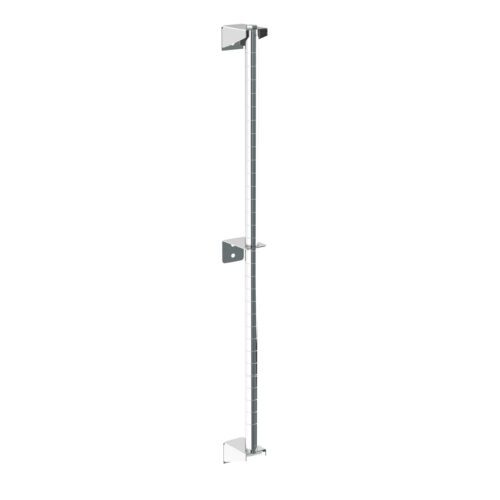 The Metro 33PDF Super Erecta Wall Mount Post, Chrome, 33 H, features a sleek chrome vertical bar with two brackets and a small lever mechanism for wall mounting.
