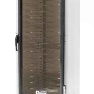 The Metro C519-CFC-U C5 1 Series is a full-height holding/proofing cabinet with a transparent door, featuring universal wire slides and multiple shelves. It operates at 120V and 2000W, with control knobs and a display at the bottom, all on four wheels for easy mobility.
