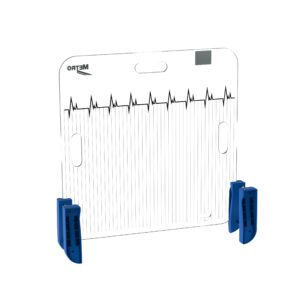 The Metro FL309-OB Flexline Backboard with Rear Assembly Kit is designed for use with an overbridge. It features a transparent square board with a wavy black line pattern, resembling a heart rate monitor, supported by two blue holders and displaying METER in bold in the top left corner.