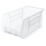 The Metro MB30240CLSH Stacking/Hanging Supply Bin, Clear, offers a 14.75 x 8.25 x 7 open-front storage solution with side handles, smooth surface, and embossed branding for efficient organization.
