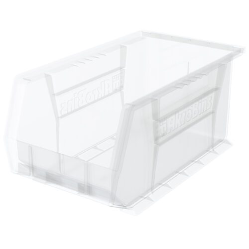 The Metro MB30240CLSH Stacking/Hanging Supply Bin, Clear, offers a 14.75 x 8.25 x 7 open-front storage solution with side handles, smooth surface, and embossed branding for efficient organization.