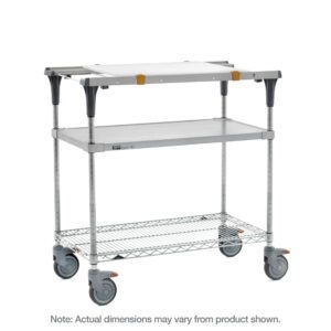 The Metro MS1824-FGBR-PK1 PrepMate MultiStation 24 features a solid galvanized top shelf with guardrails, a spacious middle shelf, and a Brite Zinc wire bottom shelf. It includes four swivel caster wheels for easy mobility. Note: Dimensions may vary from the product shown.