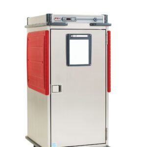 The Metro C5T8-DSL Heated Transport Cabinet features a 5/6 height, full-length solid door with a latch, a rectangular observation window, red handles, and wheels for easy mobility. It operates efficiently on 120V power and includes adjustable lip load slides.