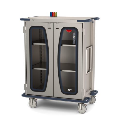 The Metro CaseVue CV36HC-NBFH-S2 Surgical Case Cart, featuring clear doors and adjustable shelves, offers vibrant red, green, and blue top bars. This sleek gray cart with blue trim includes two compartments and a convenient swing-up handle. Dimensions: 45.5W x 28D x 58.25H.