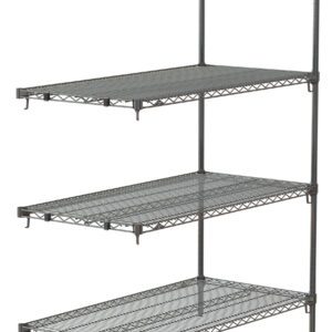 The Metro Super Adjustable Super Erecta AA556C, a chrome 4-shelf wire shelving add-on unit, offers adjustable tiers and a minimalist design ideal for storage or display. Its sturdy 24 x 48 x 63 frame features grid-like shelves and a sleek silver finish.