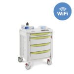 The Metro FLWTMENT1 Flexline Treatment Cart with wireless touchpad includes four green drawers, assorted top supplies, and smooth-rolling wheels. A WiFi symbol in a blue circle showcases its wireless touchpad capability, boosting convenience and mobility in healthcare environments.