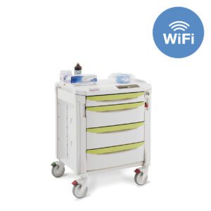 The Metro FLWTMENT1 Flexline Treatment Cart with wireless touchpad includes four green drawers, assorted top supplies, and smooth-rolling wheels. A WiFi symbol in a blue circle showcases its wireless touchpad capability, boosting convenience and mobility in healthcare environments.