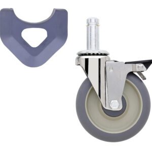 A gray and black Metro 5MDBXA caster, with a locking mechanism and metal bracket, is shown next to a rounded-edge gray triangular plastic bracket, ideal for MetroMax Industrial Plastic Shelving Racks.