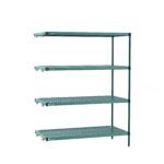The Metro PR-217263K3-A-4 Super Erecta Pro Shelving Add-On Unit features a sleek design, green color, and measures 21 x 72 x 63. It includes removable plastic mats and evenly spaced tiers connected by vertical rods at the corners.