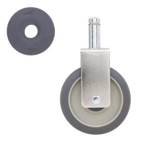 A metal swivel caster with a gray rubber wheel and cylindrical mounting stem, ideal for Metro 5MDRA 5 High Modulus Donut Rigid Stem Caster applications on Super Erecta Industrial Wire Shelving Racks. To the left, a smaller round rubber pad with Metro and Oilex embossed is set against a white background.