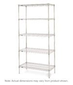 The Metro 5N367C Super Erecta Starter Unit, with a chrome finish and adjustable shelves, measures 18 x 60 x 74, providing an open yet sturdy structure for optimal storage. Note: Actual dimensions may vary.