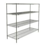 The Metro N576C Super Erecta Shelving Unit, in chrome, measures 24 x 72 x 63, featuring an open-frame design with adjustable four-tier shelves for a sleek industrial look ideal for storage and organization.