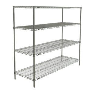 The Metro N576C Super Erecta Shelving Unit, in chrome, measures 24 x 72 x 63, featuring an open-frame design with adjustable four-tier shelves for a sleek industrial look ideal for storage and organization.