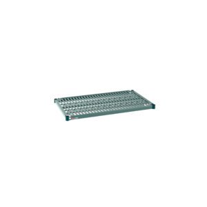 The Metro Super Erecta Pro PR2136NK3 Industrial Wire Restaurant Shelf, measuring 21 x 36, features a freestanding rectangular metal grating platform with a grid pattern, four corner supports, and is finished in muted green with a small red square on the bottom left corner.