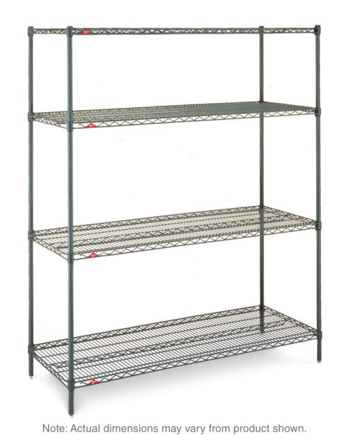 The Metro N526K3 Super Erecta is a 24 x 30 x 63 industrial wire shelving unit in Metroseal Green Epoxy, featuring four adjustable shelves with vertical posts and red clips for height adjustment. Note: Dimensions may vary from the product shown.