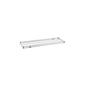 The Metro Super Erecta 1442NC Industrial Wire Shelf, measuring 14 x 42, showcases a chrome finish with a sturdy rectangular grid of steel rods. It features four black corners adding stability and elegance.