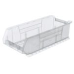 The Metro MB30286CLS Large Stacking Supply Bin, in clear plastic and measuring 23.8 x 11 x 7, features a rectangular shape, ribbed side panels, and a large front opening for easy organization of small items.