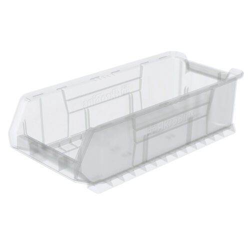The Metro MB30286CLS Large Stacking Supply Bin, in clear plastic and measuring 23.8 x 11 x 7, features a rectangular shape, ribbed side panels, and a large front opening for easy organization of small items.