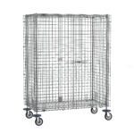 The Metro SEC55DCQ qwikSLOT Mobile Security Shelving Unit boasts durable chrome construction, measuring 27.25 x 52.75 x 67.9375, with four swiveling caster wheels and a secure latch for easy mobility and safety.