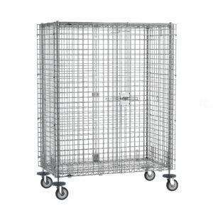 The Metro SEC55DCQ qwikSLOT Mobile Security Shelving Unit boasts durable chrome construction, measuring 27.25 x 52.75 x 67.9375, with four swiveling caster wheels and a secure latch for easy mobility and safety.