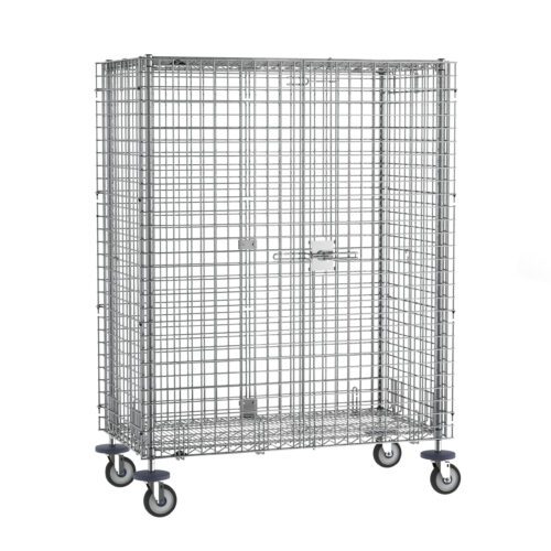 The Metro SEC55DCQ qwikSLOT Mobile Security Shelving Unit boasts durable chrome construction, measuring 27.25 x 52.75 x 67.9375, with four swiveling caster wheels and a secure latch for easy mobility and safety.