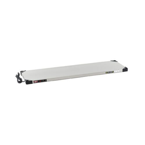A rectangular metal device with black end caps and a power cord, likely the Metro HS1448 Super Erecta Hot Stainless Steel Heated Shelf, 120V, 400W, 14 x 48. Its front panel has switches and indicator lights.