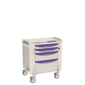 The Metro FLK21100 Flexline cart is a sleek gray unit with four purple drawers and sturdy wheels. It has a flat top with a small slot and side handles for easy maneuverability.