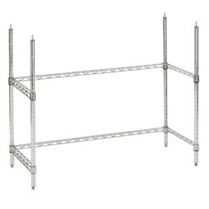 The Metro2Go Hot Station Freestanding Leg Kit, HS-1842LEGKIT-3F, is a silver metal wire shelving rack with two levels and a sturdy frame including four vertical posts and additional horizontal bars for support, set elegantly against a white background.