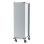 The Metro CD4NA32 Bun Pan Delivery/Storage Cabinet is a tall, rectangular metal cabinet on wheels with a sleek design, smooth surfaces, and gray corner bumpers. It accommodates 40 pans and stands out against a crisp white background.