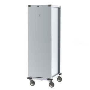The Metro CD4NA32 Bun Pan Delivery/Storage Cabinet is a tall, rectangular metal cabinet on wheels with a sleek design, smooth surfaces, and gray corner bumpers. It accommodates 40 pans and stands out against a crisp white background.