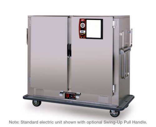 The Metro MBQ-150D-QH is a stainless steel commercial warming cabinet on wheels with two doors, featuring the Quad-Heat Thermal System, a 60Hz control panel at the front, and a swing-up pull handle for efficient food service performance.
