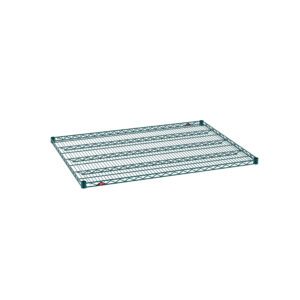 The Metro Super Erecta 3648NK3 Wire Shelf, measuring 36 x 48, features a sleek, green wire design with Metroseal Green Epoxy and reinforced edges. It has multiple horizontal wires and is shown in a classic rectangular shape against a plain white background.