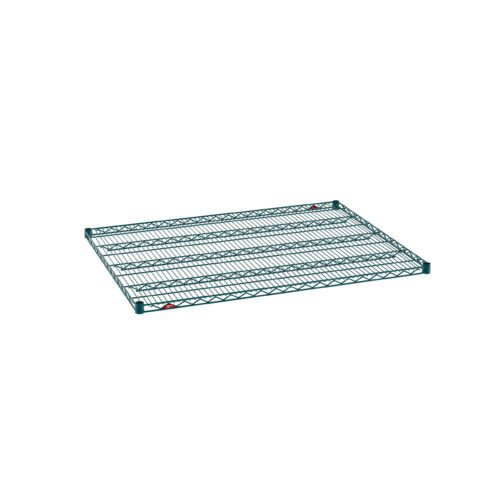 The Metro Super Erecta 3648NK3 Wire Shelf, measuring 36 x 48, features a sleek, green wire design with Metroseal Green Epoxy and reinforced edges. It has multiple horizontal wires and is shown in a classic rectangular shape against a plain white background.