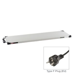 A rectangular reptile heating panel with a silver surface and black corners includes an attached power cable. The inset highlights a Type F plug, seamlessly integrating with the Metro HSX1860-EU Super Erecta Hot Stainless Steel Heated Shelf, 220-240V, 504-600W, measuring 18 x 60.