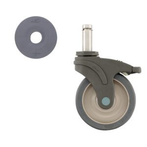 A Metro 5PSTEB 5 polymer and stainless steel total-guard swivel/total lock brake stem caster with a gray rubber tire is on the right, while a separate gray cap labeled Metro is on the left, perfect for Super Erecta industrial wire shelving racks.