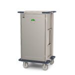 The Metro CaseVue CV24HS-NBH Surgical Case Cart, measuring 33.5W x 28D x 58.25H, includes a solid door with a right-side handle, features a green label for identification or locking on the upper front, and is equipped with four swivel wheels for easy mobility.
