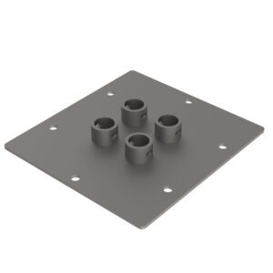 The Metro SABP46BR-1PK Square Base Plate Kit, for Super Erecta and MetroMax, features a gray metal mounting plate with four evenly spaced cylindrical protrusions and eight fastening holes. It fits Seismic Shelving 4-Post systems and has a slightly reflective smooth surface.