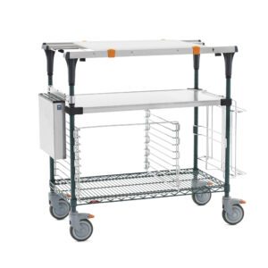 The Metro MS1836-FSNK-PK2 PrepMate MultiStation 36 Prep Station with Accessory Pack 2 includes a Solid Stainless Steel top shelf, a Metroseal Green Epoxy Wire bottom shelf with Stainless Steel posts, wire basket, four large wheels, and support handles for versatile storage needs.