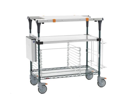 6w6gm9dzuy8blzh0l3w761bhrc32d2il.jpg The Metro MS1836-FSNK-PK2 PrepMate MultiStation 36 Prep Station with Accessory Pack 2 includes a Solid Stainless Steel top shelf, a Metroseal Green Epoxy Wire bottom shelf with Stainless Steel posts, wire basket, four large wheels, and support handles for versatile storage needs.