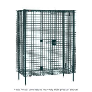 The Metro SEC53K3 Super Erecta Stationary Security Shelving Unit with a Metroseal Green Epoxy finish is large and rectangular. It features short legs, a latch-locked door, and a robust thick wire grid, noting that dimensions may vary from 27.25 x 38.5 x 66.8125.