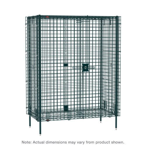 The Metro SEC53K3 Super Erecta Stationary Security Shelving Unit with a Metroseal Green Epoxy finish is large and rectangular. It features short legs, a latch-locked door, and a robust thick wire grid, noting that dimensions may vary from 27.25 x 38.5 x 66.8125.