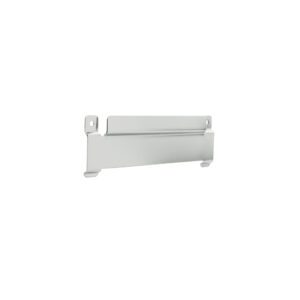 The Metro PBA-1BH Small Bin Holder for SmartWall Shelving Grids is a metallic bracket with a rectangular shape and two top-corner mounting holes, blending function and versatility against a plain white background.