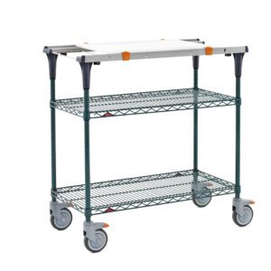 The Metro MS1836-NKNK-PK1 PrepMate MultiStation includes a 36 prep station with a Metroseal Green Epoxy top and bottom shelves, supported by matching posts. Its mobile on four wheels, ideal for versatile organizational needs.