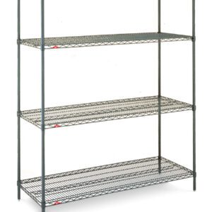 The Metro N436K3 Super Erecta Wire Shelving Unit in Metroseal Green Epoxy features four flat, evenly spaced grid-pattern shelves supported by sturdy vertical rods and measures 21 x 36 x 63. Note: Actual dimensions may vary from product shown.